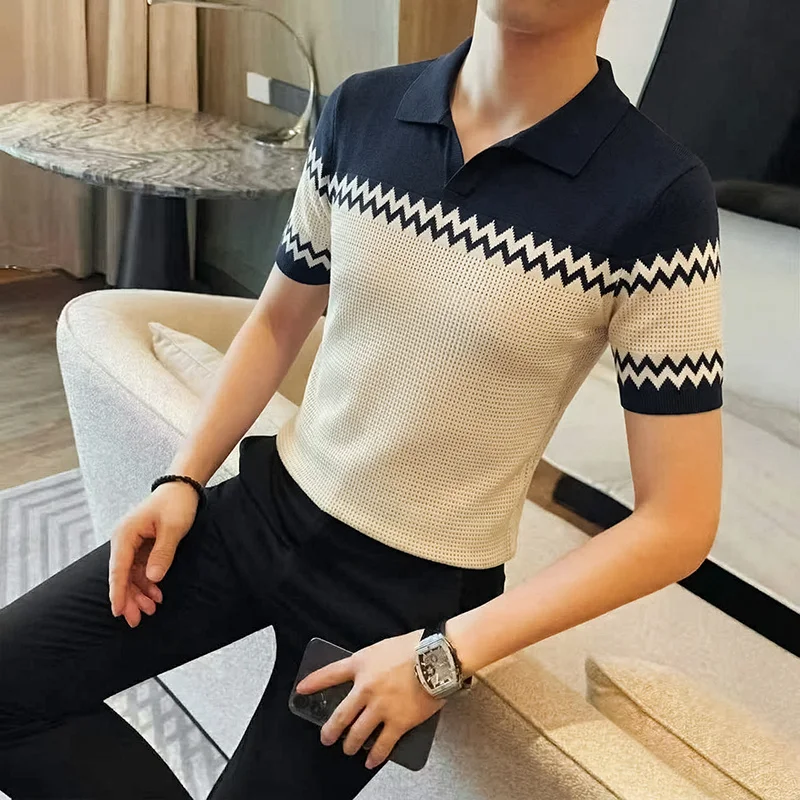 Hollow Jacquard Premium Men's Polo Shirts Short Sleeved Knitwear Summer Icy Quality Stretchy Leisure All Match Camisas Masculina