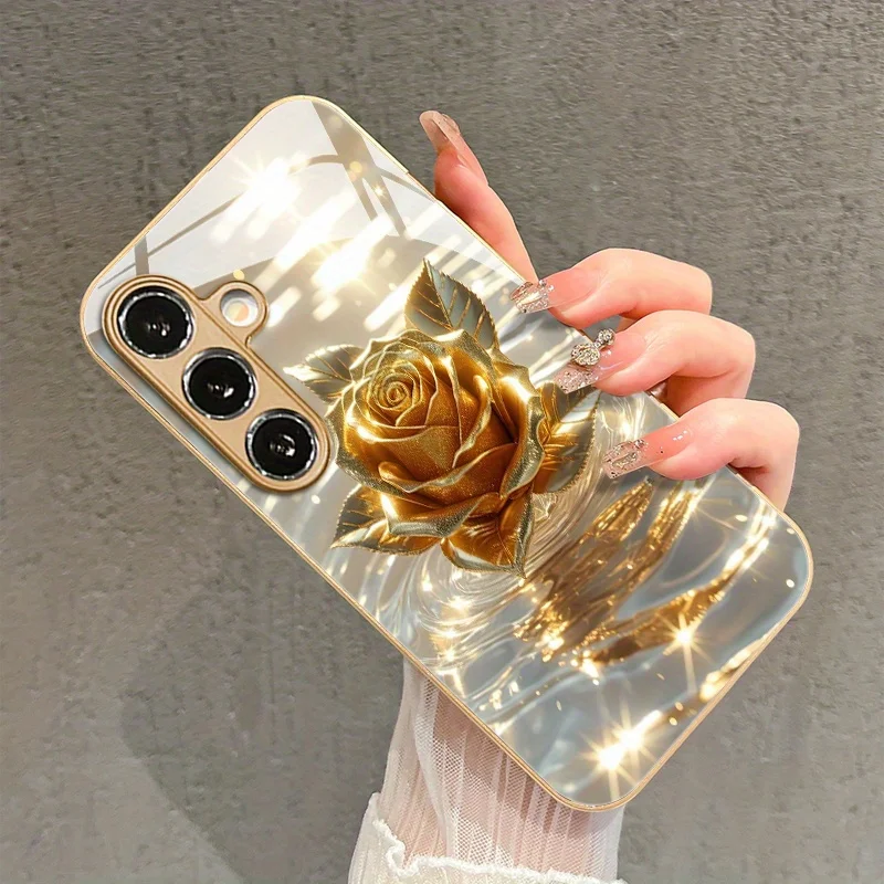 Water ripple meets golden rose pattern glass phone case for Samsung Galaxy S26 S25 S24 S23 S22 S20 FE/Ultra/Plus anti drop Cover