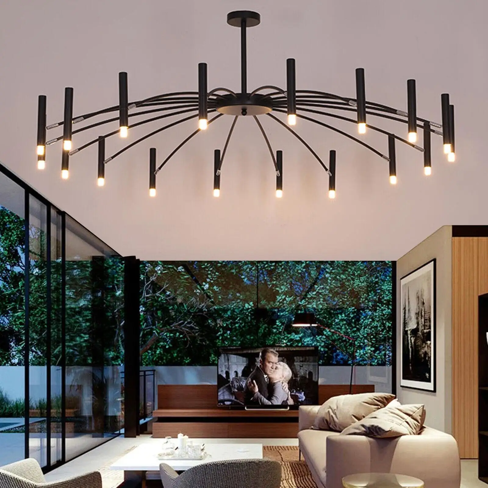 18 Lights 110v/60Hz Modern LED G9 Chandelier Branch Pendant Lamp Ceiling Fixture Black Height-Adjustable