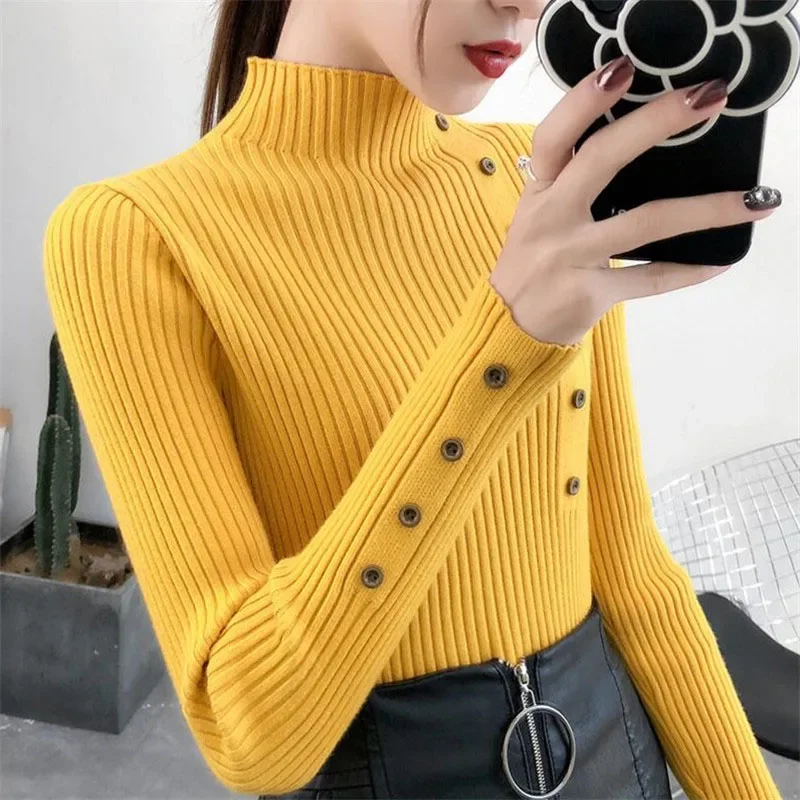 2025 frauen Herbst Gestrickte Dünne Pullover Solide Strickte Weibliche Baumwolle Weiche Elastische Farbe Pullover Taste Volle Hülse Rollkragen