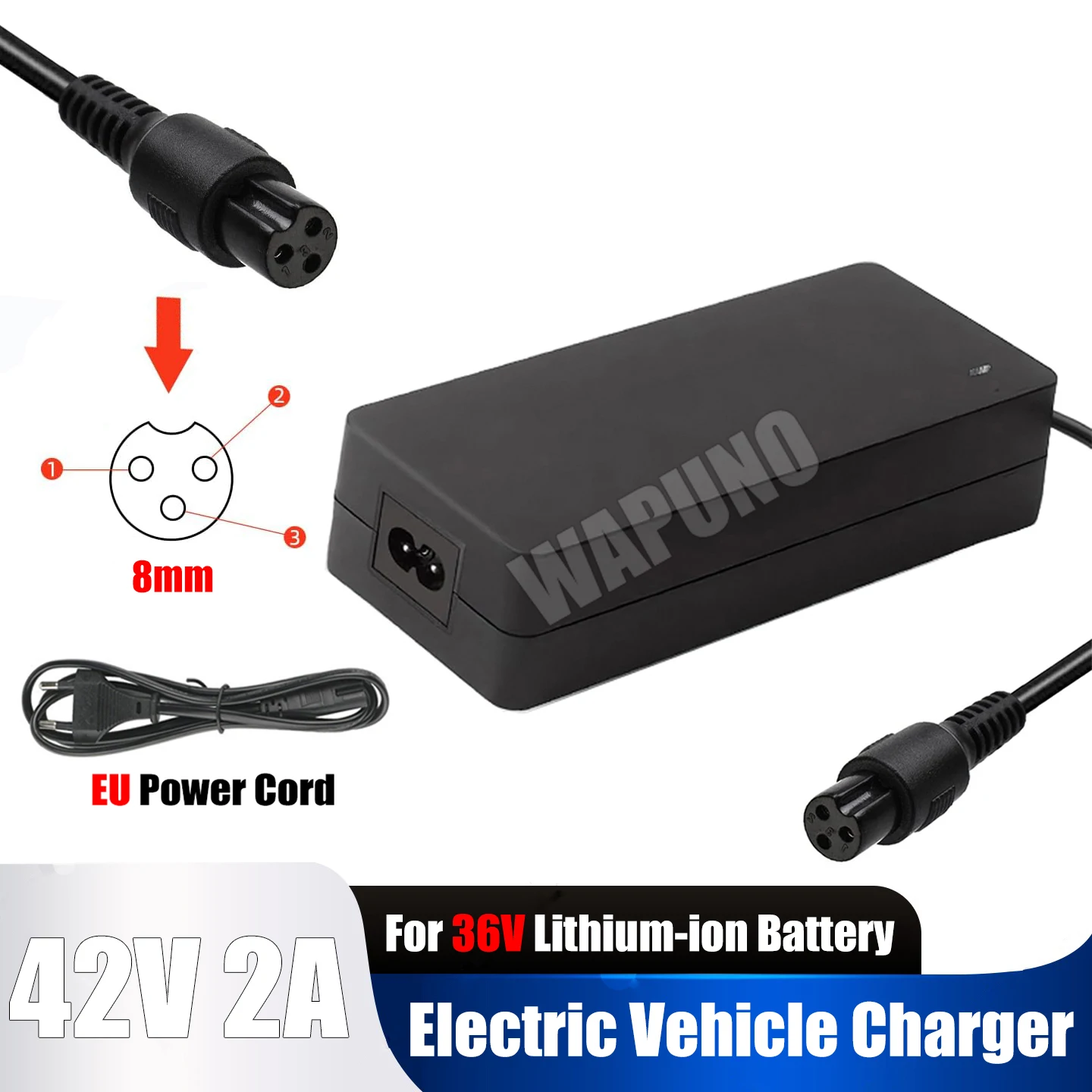 EU Plug 42V 2A Lithium Battery Charger 8mm 3 Prong Connector for 36V Hoverboard Sports Mod Pocket Mod and Dirt Quad Batteries