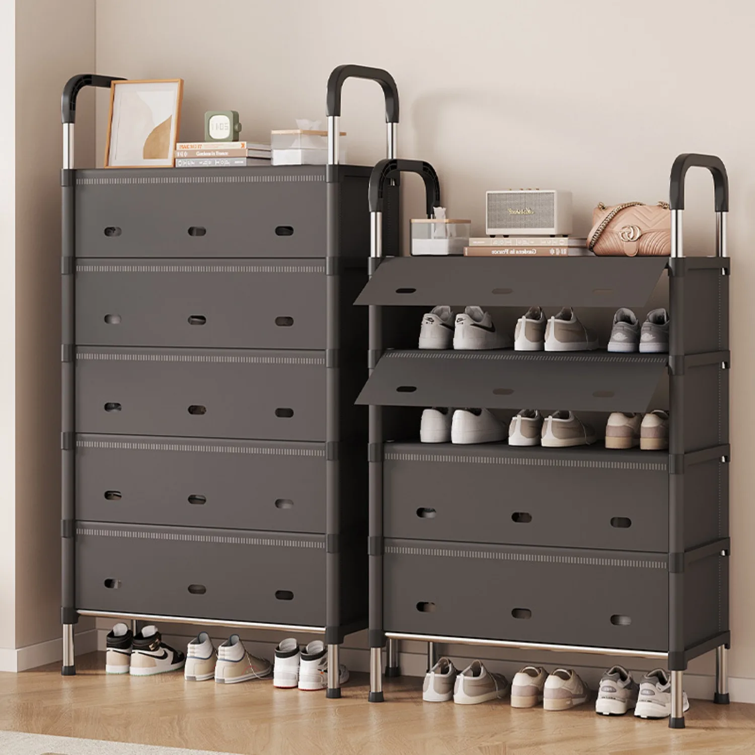 Mehrstufiges Schuhregal aus verzinktem Rohr, Schuhmacher-Organizer, mehrstufiger staubdichter Schuhschrank für den Eingangsbereich, Möbel-Leckereien.