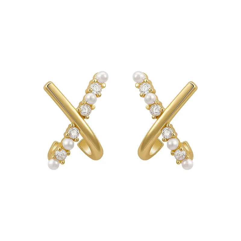 Trendy Letter X Shape Stud Earrings for Women Mini Imitation  Pearl Rhinestones Earrings Golden Color Twist Metal Small Jewelry
