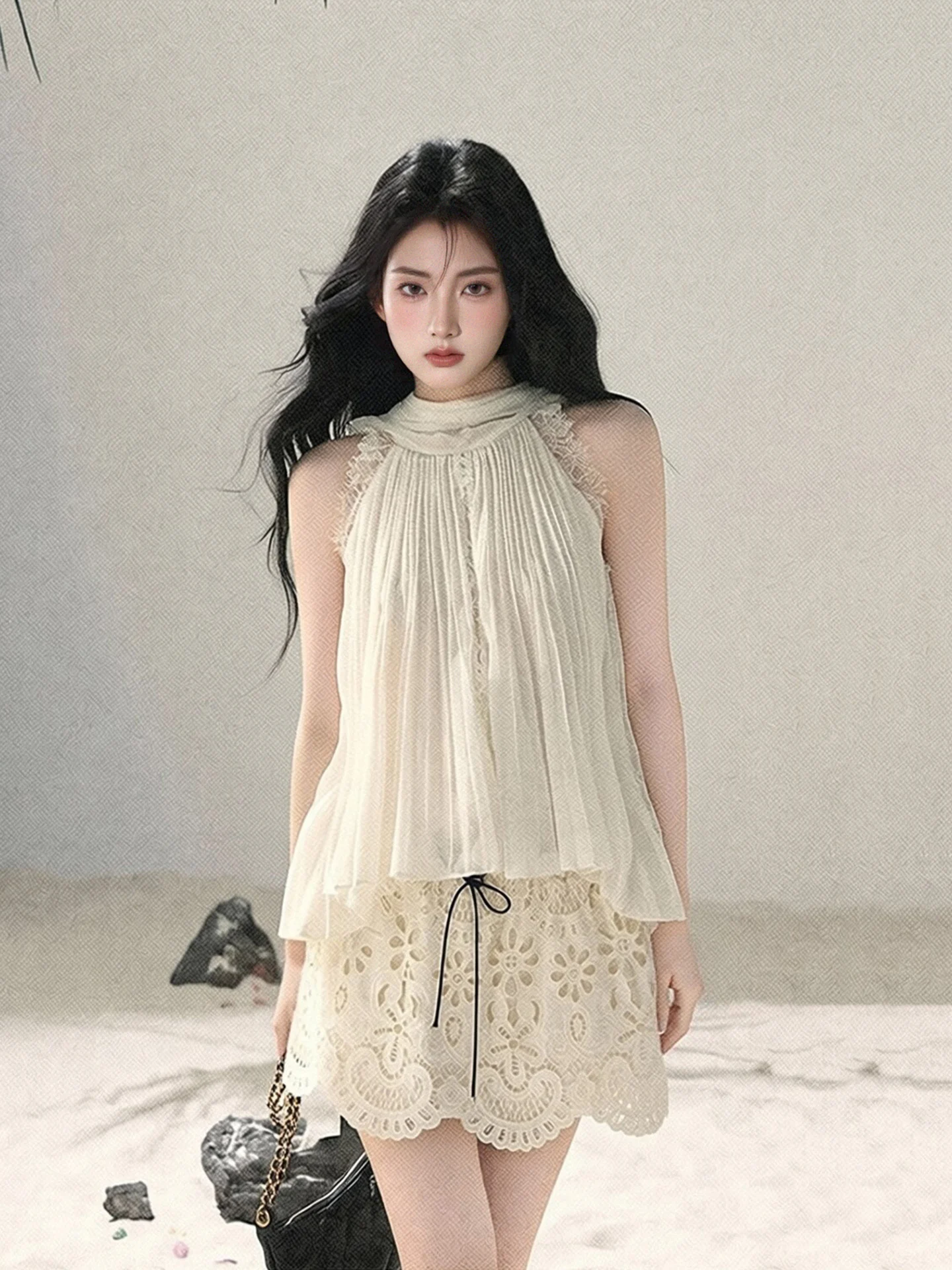 

LIXIAOWAN Elegant Lace Splice Chiffon Blouse Women Loose Slimming Sleeveless Design Sense Top Fashionable Casual Wear
