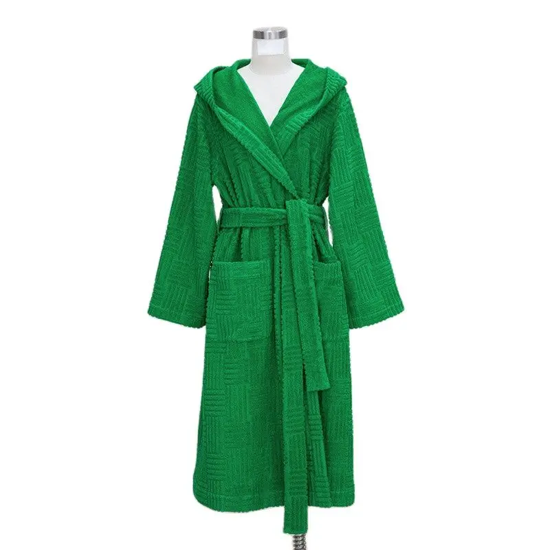 2025 autumn/winter women's/ new green towel pattern plush pajamas casual loose fashion nightgown hooded warm coat dual-use cloak
