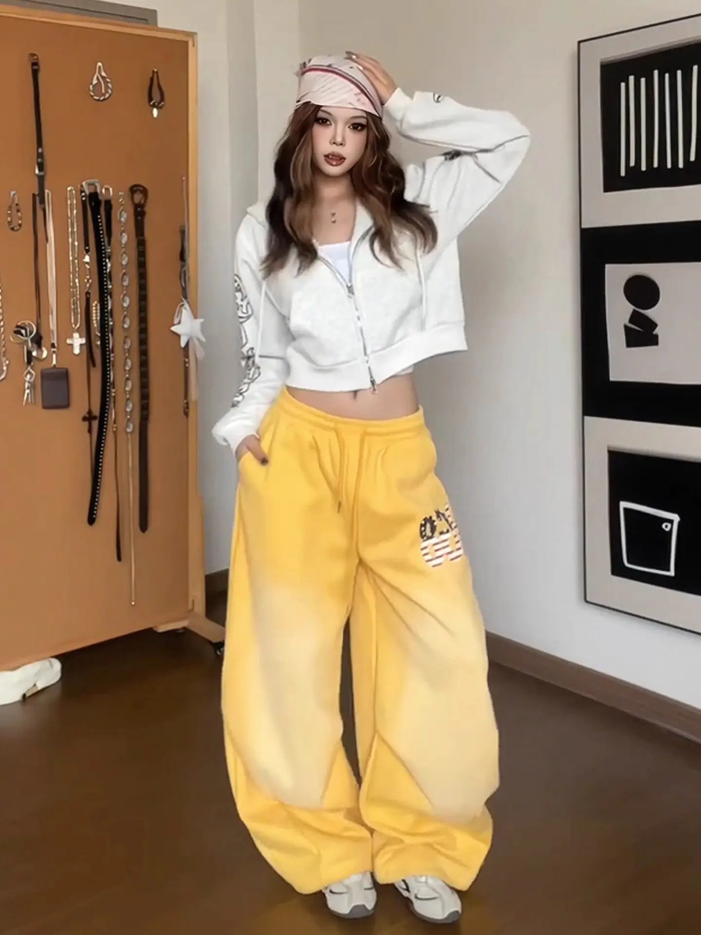 Retro American Spicy Girl Casual Pants Women's Spring New Style Distressed Straight Loose Wide Leg Jazz Dance Sports Pants Tr...