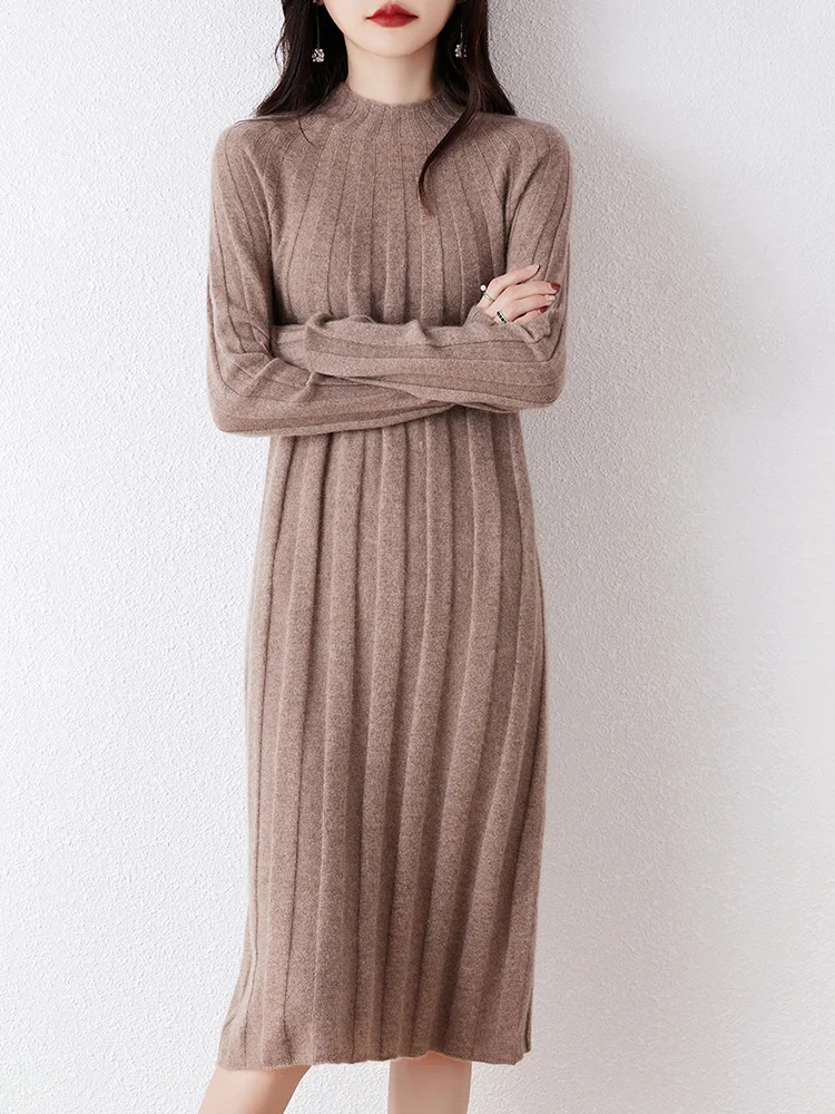 Women\'s Semi-High-Necked Cashmere Dress, Long Bottoming Thick Sweater, Straight Skirt, Loose Slim Knit Skirt, Autumn and Winter