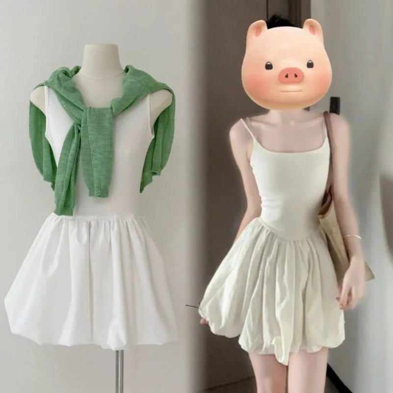 Hepburn White Suspender Flower Bud Dress New Spring and Summer A Small Stature High-end Feel Paired with A Fluffy Short Skirt