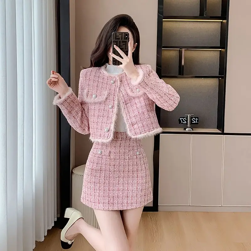 

UNXX 2024 Autumn Winter Tweed Skirt 2 Piece Set Korean Single Breasted Wool Blend Crop Coat + Fashion A-line Woolen Skirt Outfit