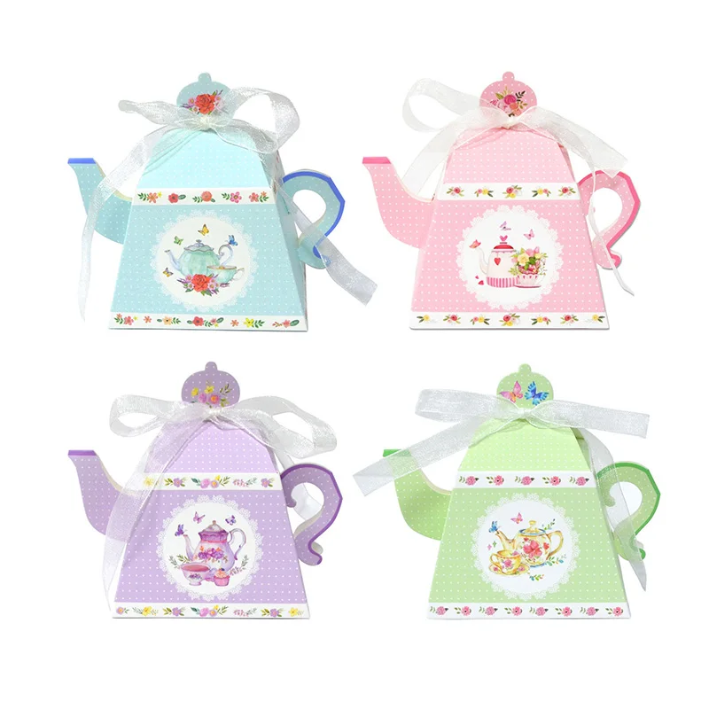 12/24Pcs Retro Teapot Shape Paper Candy Box Flower Wedding Favor Gift Packaging Boxes With Ribbon Christmas Birthday Party Decor