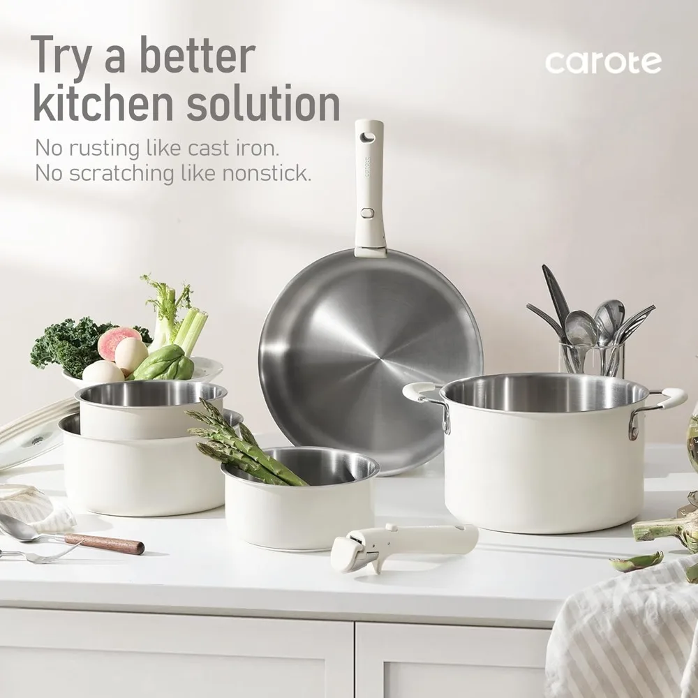 

14pcs Pots and Pans Set, Tri-Ply Stainless Steel Cookware Set Detachable Handle, Induction Kitchen Cookware Sets