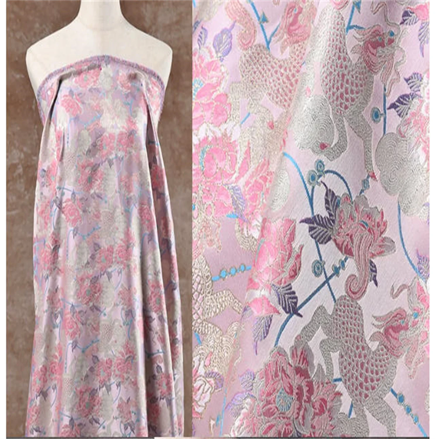 Chinese style Kirin Peony printed fabric,woven satin double-sided jacquard fabric,  light luxury clothing designer fabric