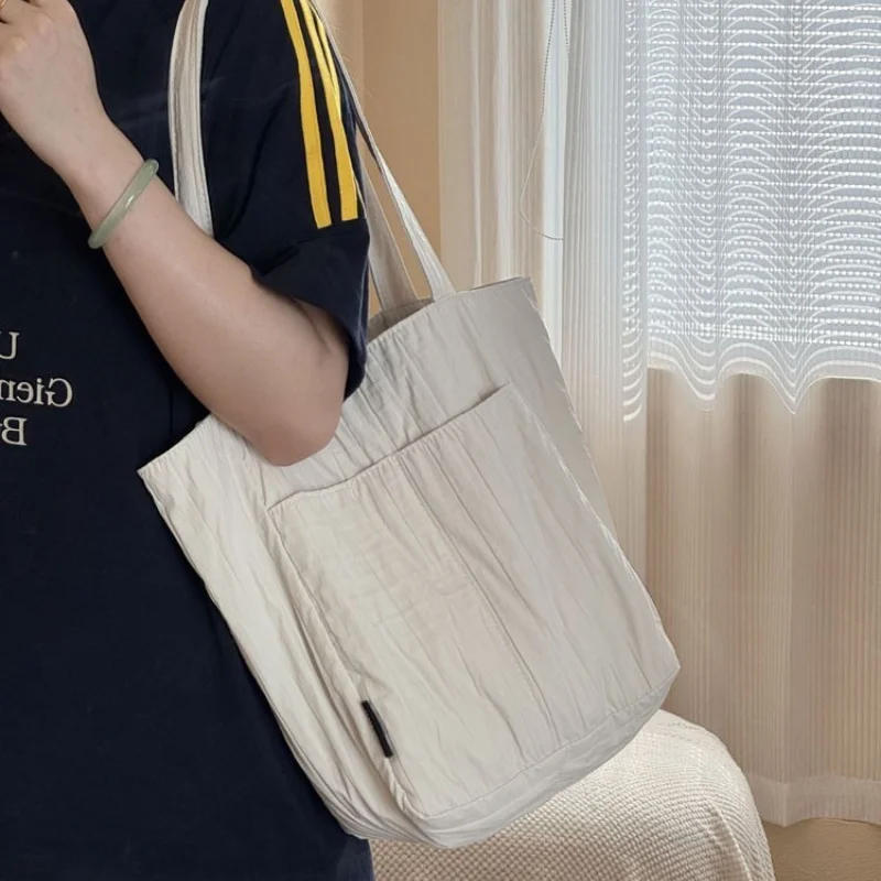 Large Capacity Solid Nylon Tote Bag, Soft Lightweight Minimalist Shoulder Handbag, Casual Daily Commuter Shopping Bag for Women