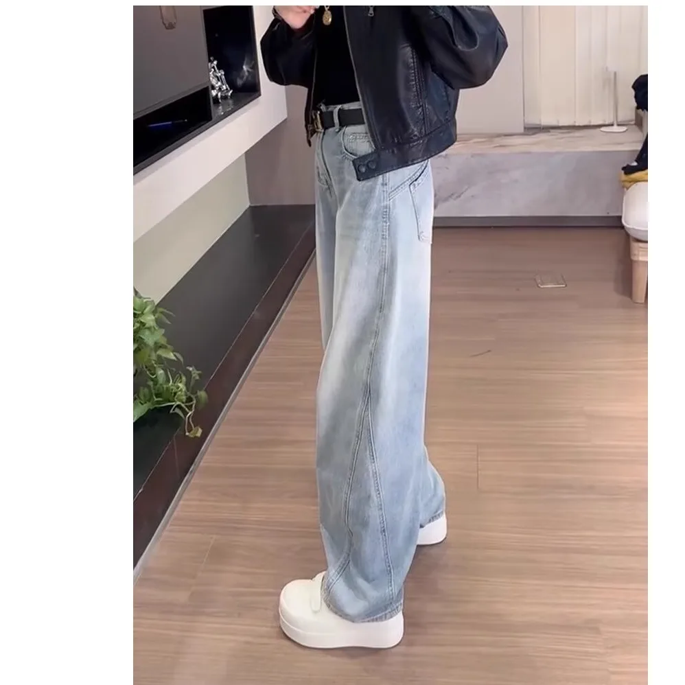 Light Wash High Waist Baggy Wide Leg Jeans Women Back Pocket Stitch Detail Loose Floor Length Denim Trousers