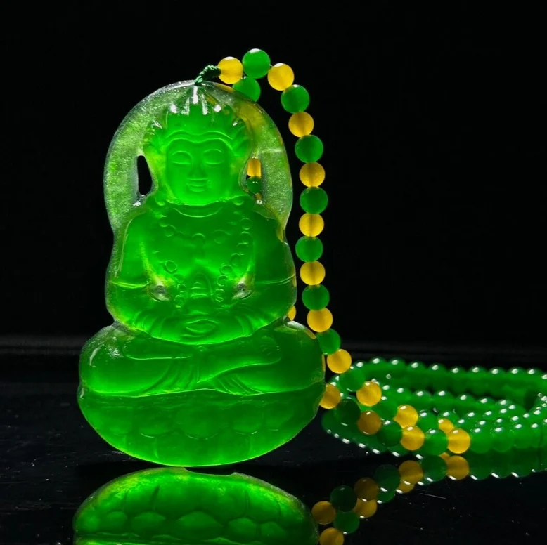 Certified Nature AAA Ice Green jade Jadeite Carved Guanyin Pendant&Necklace Tara Guanyin