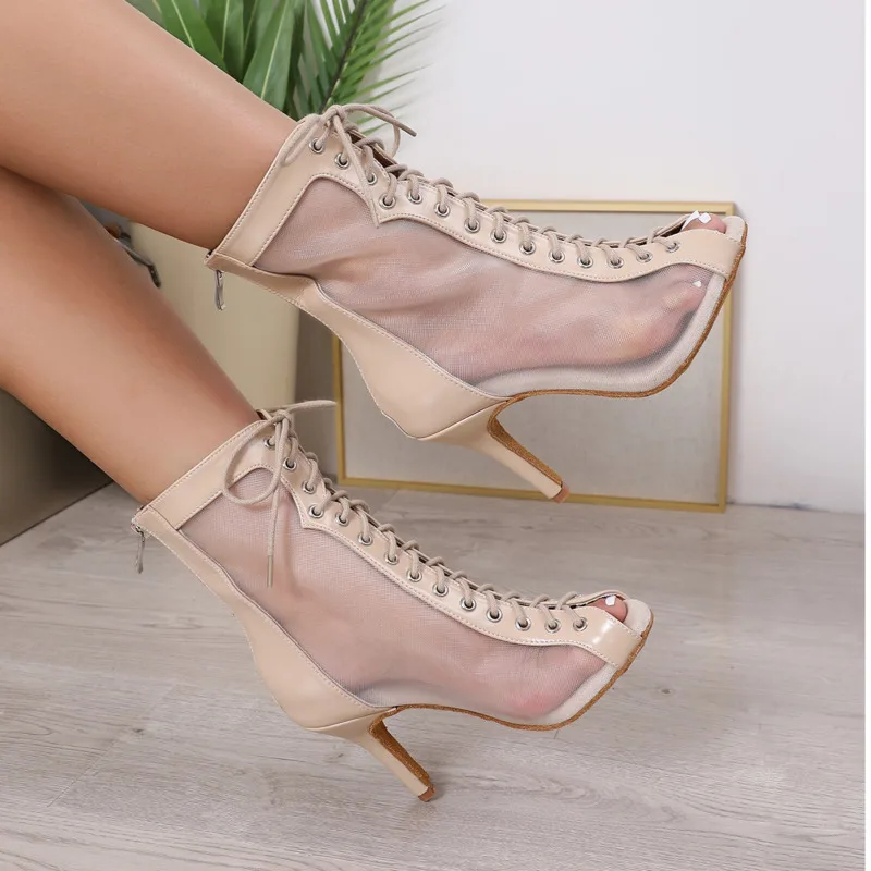 Woman Beige Latin Dance Booties Women Open Toe Stiletto Bootie Soft Suede Sole High Heels for Dance Boots Shoes