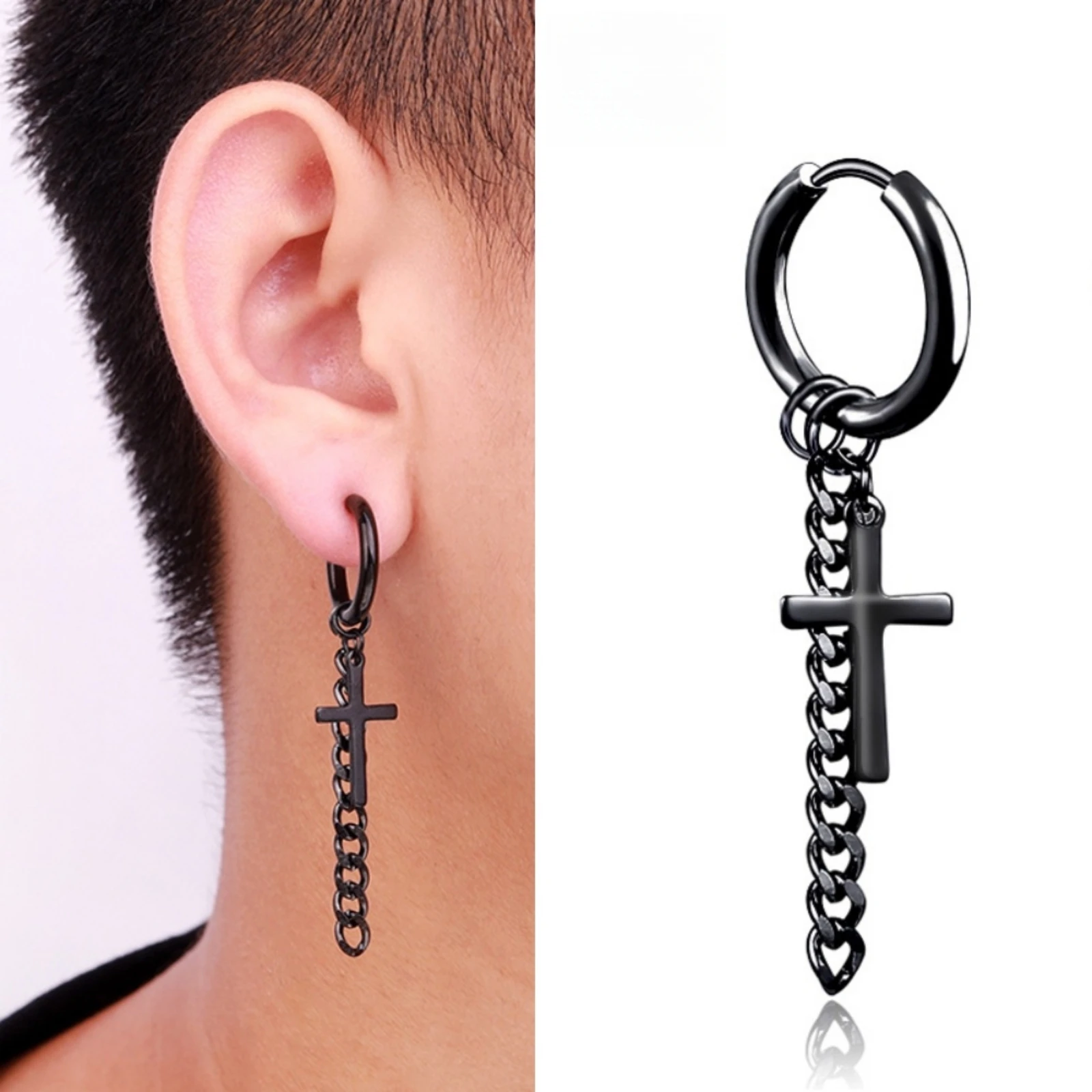 Punk Kreuz Kette Rock Männer Frauen Hip-hop Schwarz Edelstahl Tragus Piercing Hoop Street Pop Ohrring Jungs Zubehör schmuck