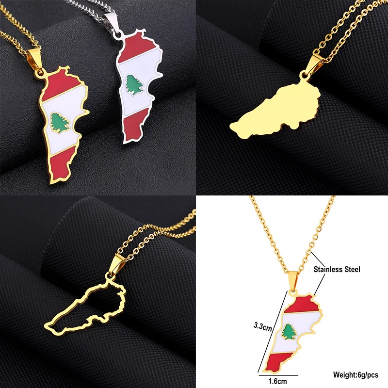 Stainless Steel Lebanon Cedar Map Pendant Necklace for Women Men Gold/Steel Color Ethnic Jewelry Gifts