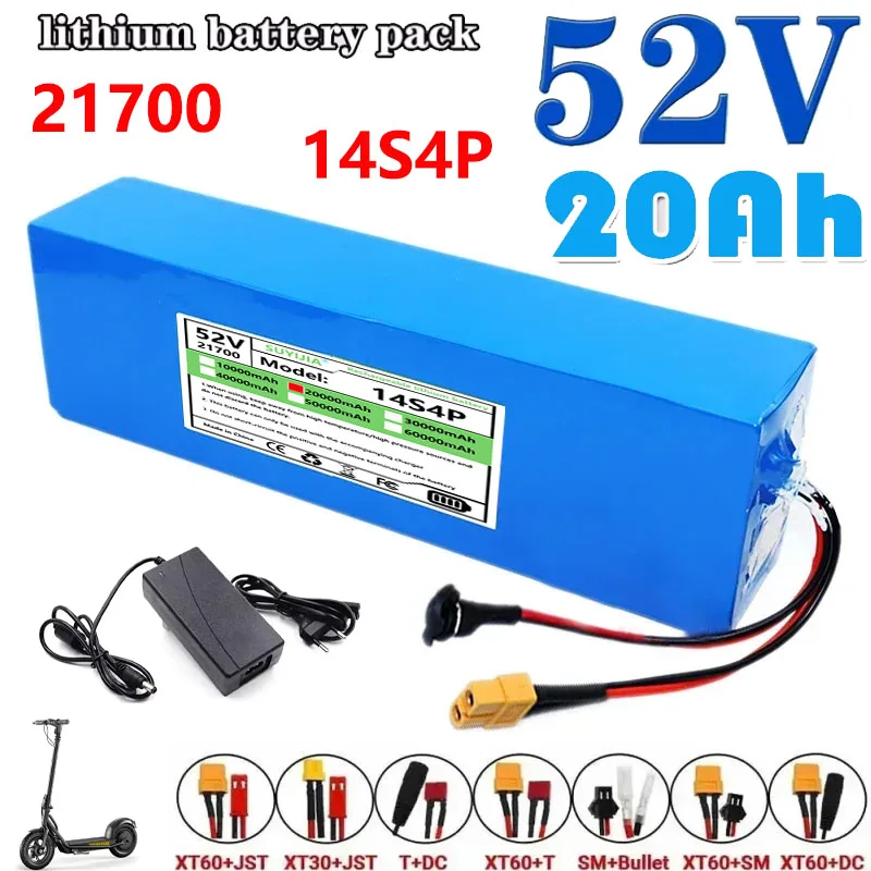 New 52V 20Ah 21700 14S4P 100-1500W Lithium Battery Pack Built-in 30A BMS for Scooter Development Bike Tax Free Bicycle Battery