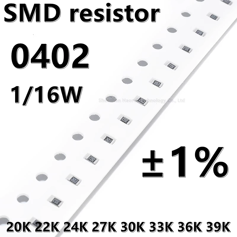 Resistencia 100 SMD 0402, 20K, 22K, 24K, 27K, 30K, 33K, 36K, 39K, 1/16W, 1% piezas