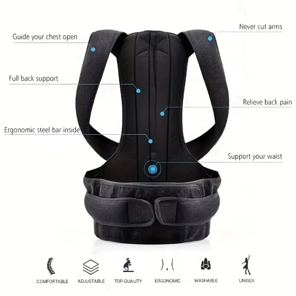 

Unisex Adjustable Straps Posture Corrector 5 Size Black Back Posture Brace Reinforced Belt Breathable Back Trainer Home Use