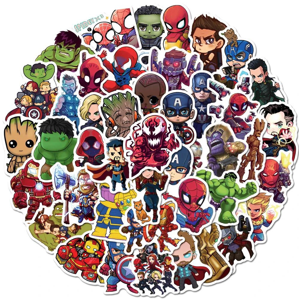 10/30/50 Uds. Pegatinas de dibujos animados de Marvel Los Vengadores, pegatinas de grafiti de superhéroes de anime, calcomanías DIY para monopatín, maleta, teléfono, embalaje