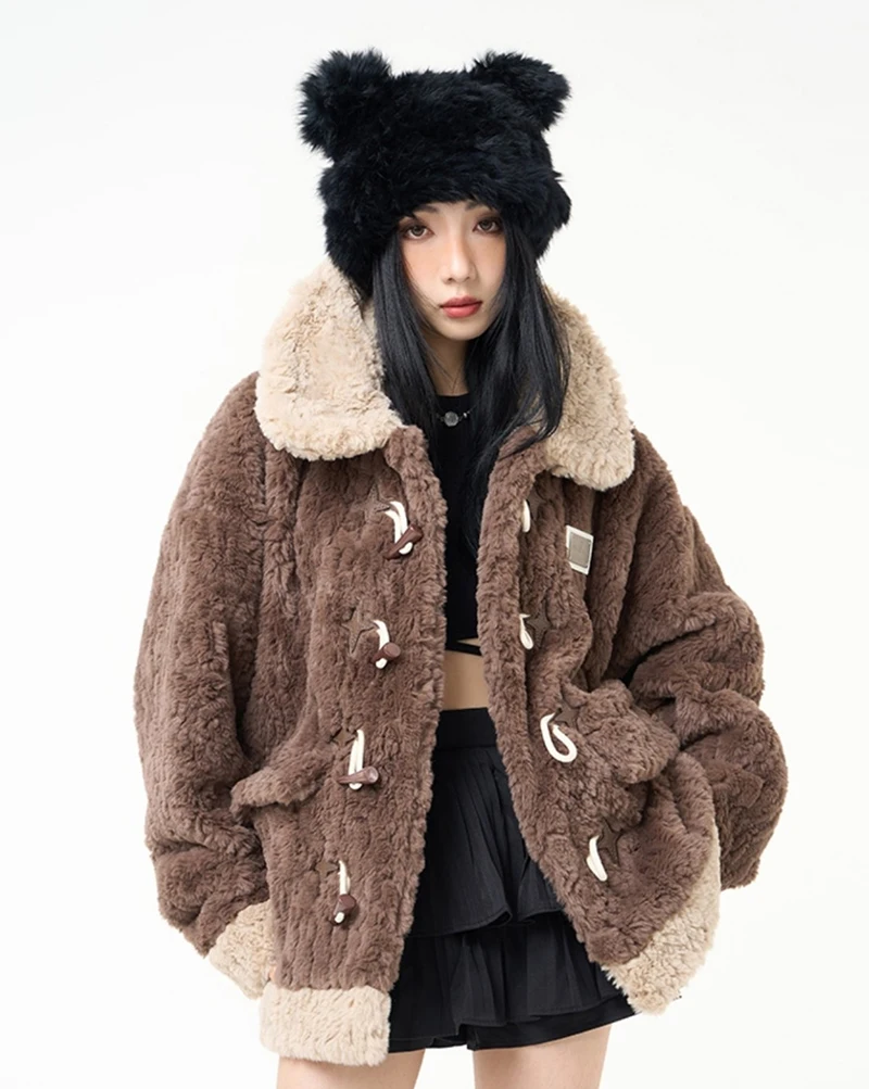 Chic Brown Women Shearling Jacket Toggle Button Coat Contrast Collar Loose Cozy Preppy Streetwear Winter Outerwear Top