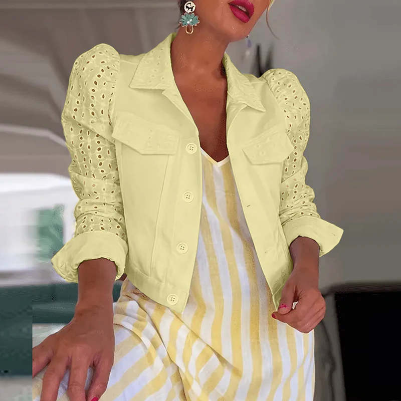 Lace Hollowed Out Spliced Long Sleeve Commuting Jacket Women Lapel Buttons Solid Autumn Coat Simple High Street Short Outerwear