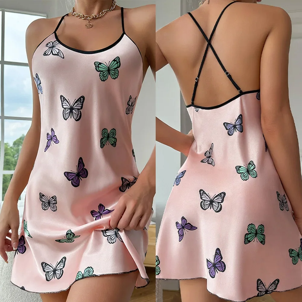 

Womens Fashion Suspenders Prints Nightdress Backless Home Wear Lady Nightgown Casual Round Neck Sling Women Sleepwear Dress