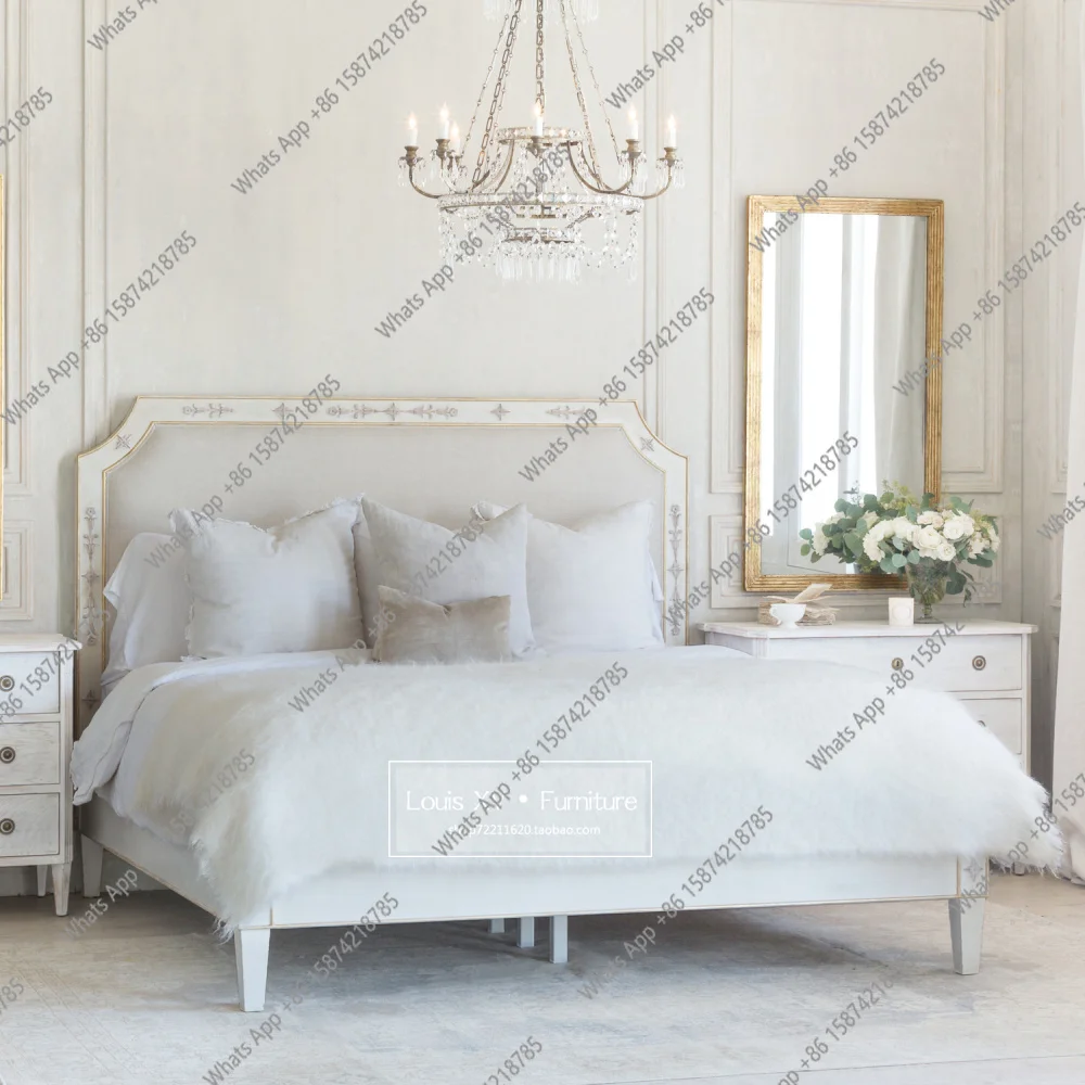 

Nordic style double bed retro solid wood carving flower princess bed villa master bedroom bedside table full set of furniture