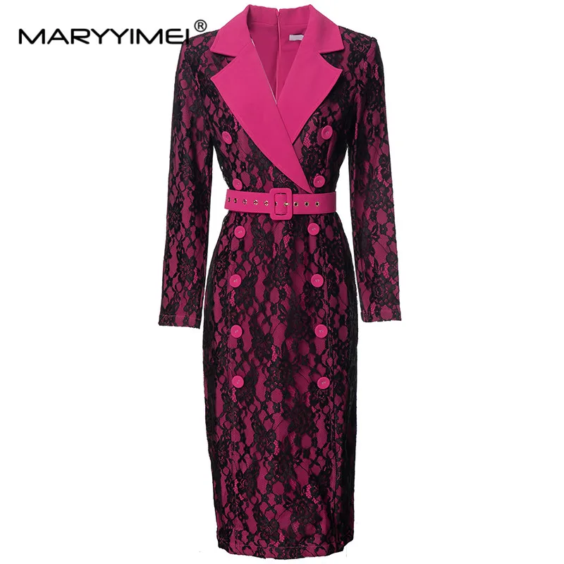 

MARYYIMEI New Fashion Runway Designer Women's Lapel Long Sleeve Gauze Patchwork Embroidery Button Belt Embellished Vintage Dress