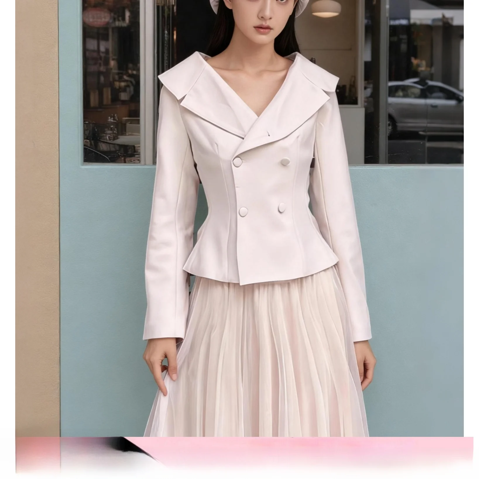Floral High-Rank Women's Korean Style Slim Fit Suit Jacket Double Row Buttons Waist Cinched Fashionable plus Size Outerwear