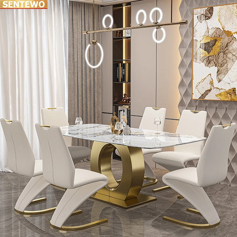 Designer Luxury dinning room Marble Rock Slab dining table set 4 6 chairs mesa de jantar stolik marbre Stainless steel gold base