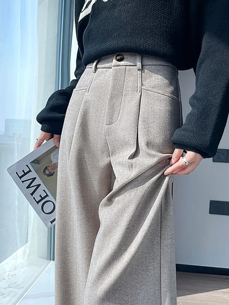 Women 2025 Autumn Winter New Loose Wide-leg Suit Pants Female Thick High Waist Leisure Pant Ladies Woolen Straight Trousers W229