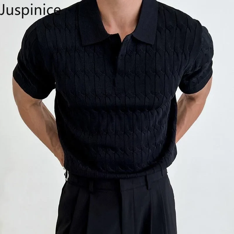 

Oversized Men's Summer New Style Solid Color Fried Dough Twists Pattern Lapel Short Sleeve Knitting T-shirt Top POLO Shirt