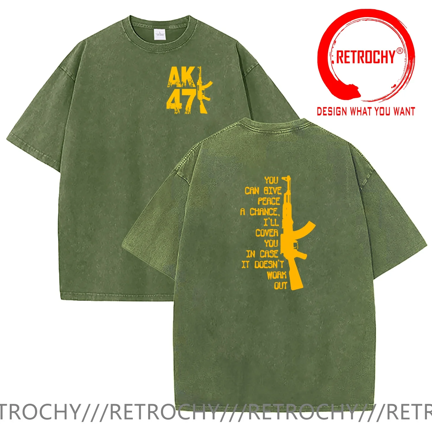 Vintage Washed Cotton T-Shirt Funny Designer AK47 Give Peace A Chance, I'll Cover You T Shirt Men Fashion TrendNeck Men Tee Tops