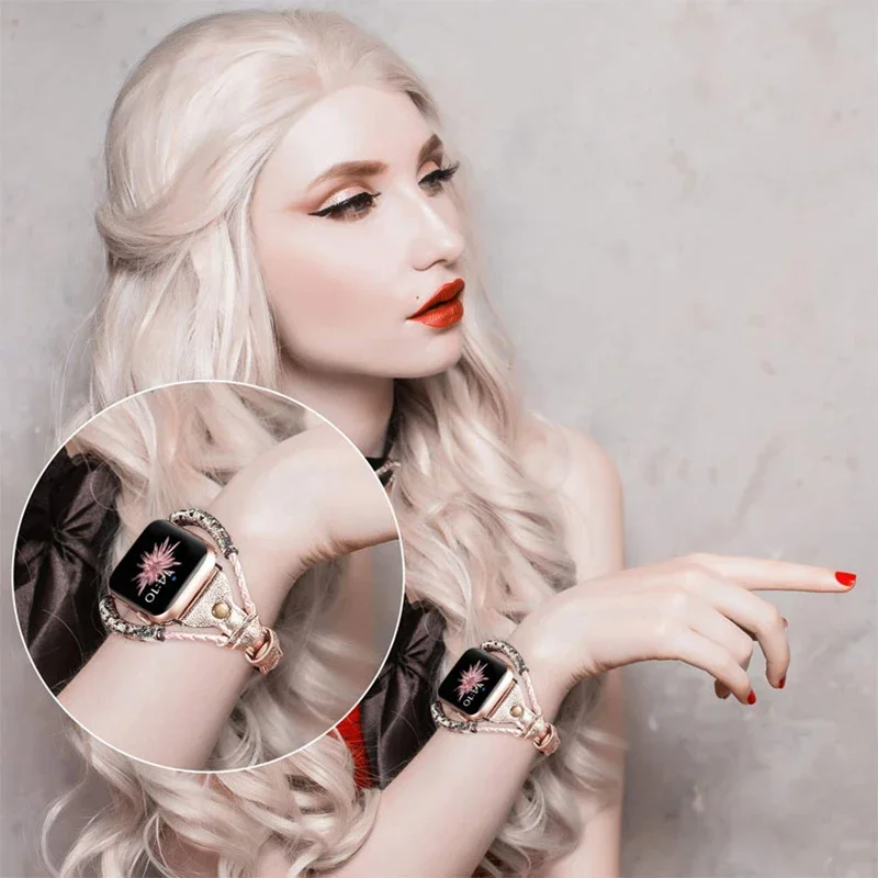 Pulseira de couro para Apple Watch, Mulheres Band, 40mm, 44mm, ultra 49mm, 38mm, 42mm, iWatch Series 8, 7, 6, 5, 4, 3, SE, 41 milímetros, 45 milímetros