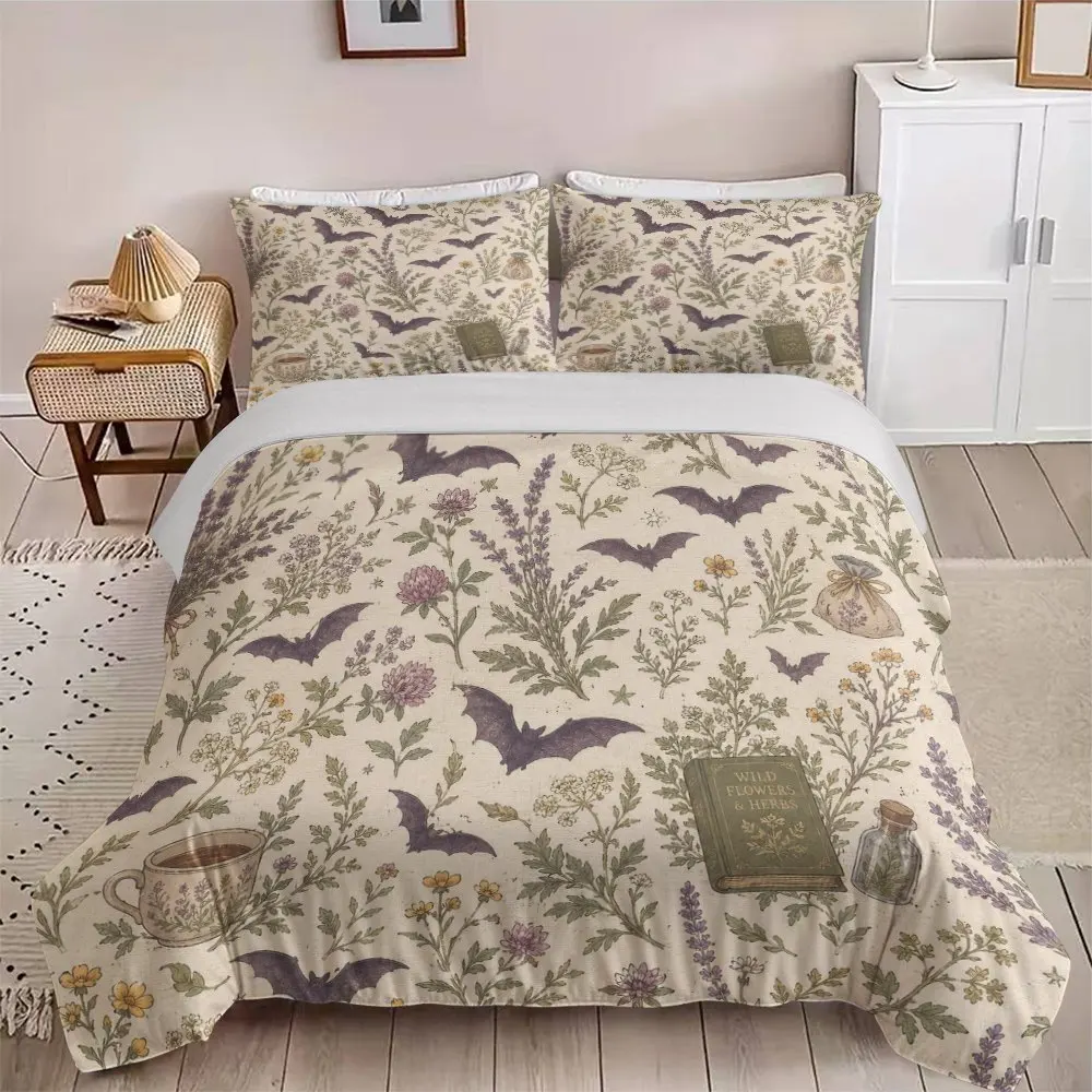 Bat and Herbal Plant Print Duvet Cover Set Multi Size Quilt Cover Queen Size Bedroom Bedding Decoration Machine Washable Adult Boy Girl