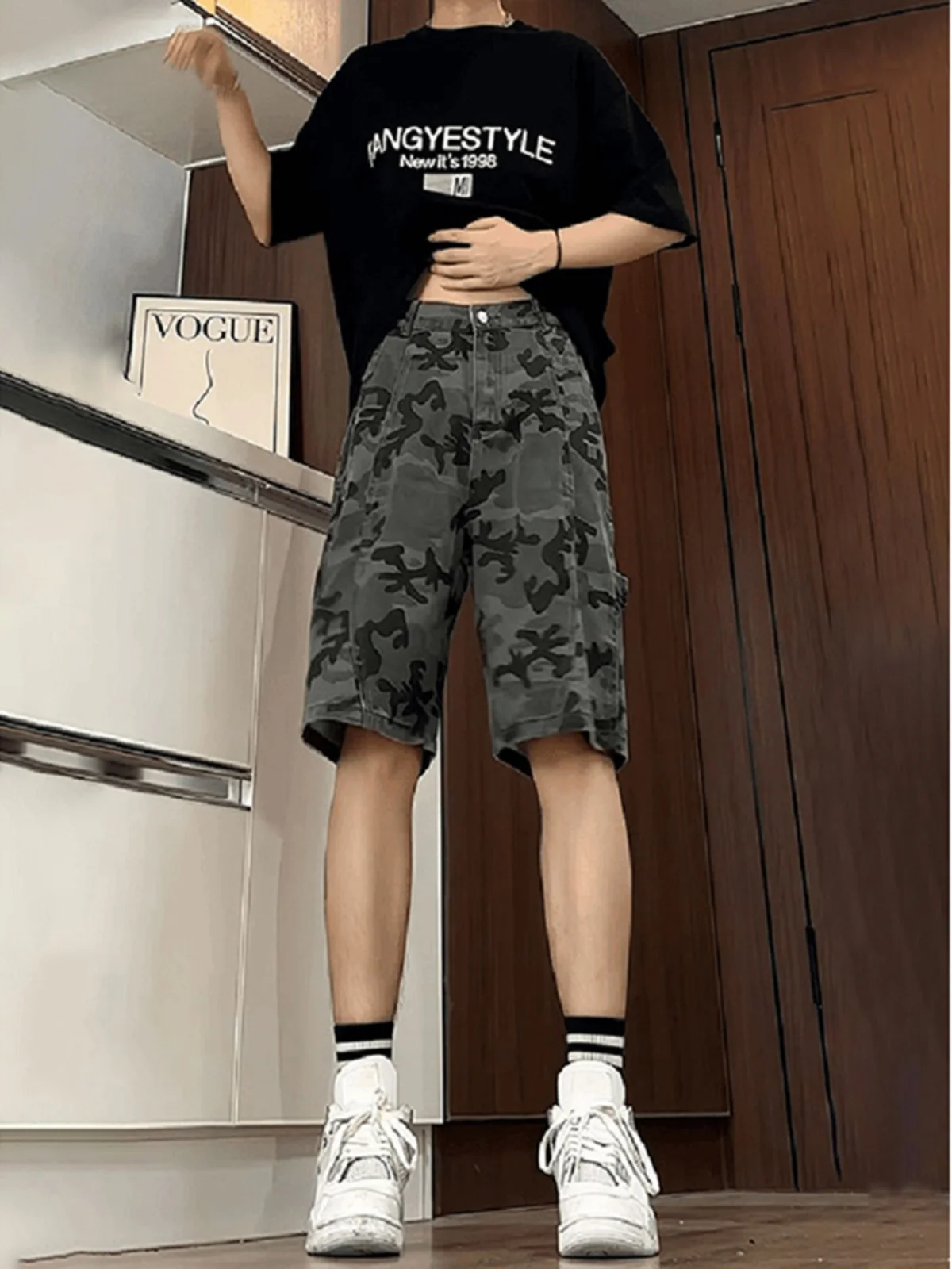 

Американские камуфляжные рабочие джинсы-шорты мужские летние тонкие с высокой талией, деконструированные, для лесорубов, бриджи до колена