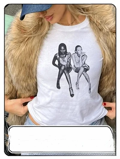 Y2K Lata 2000 Vintage Krótki Top z Nadrukiem Literowym Casualowy T-shirt z Krótkim Rękawem Modny Seksowny Top w Stylu Spicy Girl na Lato 2025 Odzież Damska