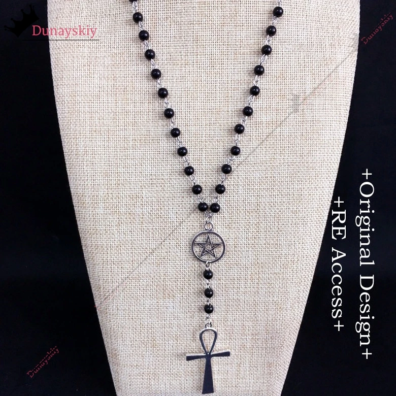 アンクと五芒星のロザリオネックレス,女性用,ロリータドレス,コスプレアクセサリー,ブラックビーズ,チャームジュエリー,ギフト
