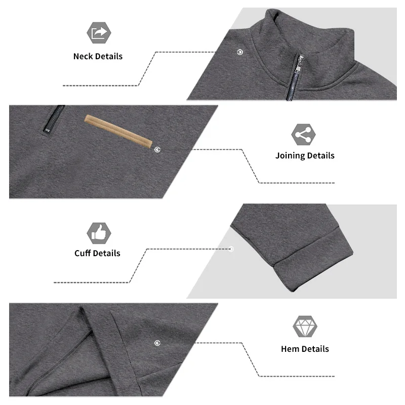 Amerikanischer Herbst- und Winter-Herrenpullover aus schwerem Fleece mit langen Ärmeln, halbem Reißverschluss, lockerem Schnitt und Stehkragen – Detail 33