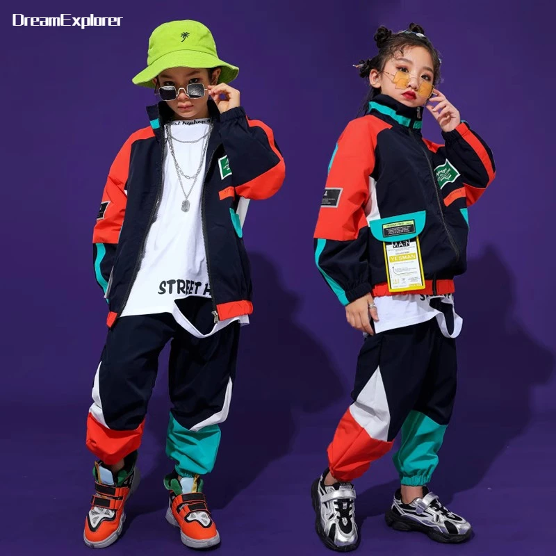 Boys Hip Hop Contrast Jacket Street Dance Loose Pants Girls Patchwork Coat Joggers Child Jazz Sport Clothes Sets Kids Streetwear