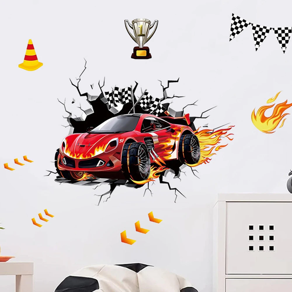 3D Racing Car Wall Decals for Kids Room Monster Truck Break Through Wall Sticker Peel Decal for Baby Boys Bedroom Playroom Decor view 6
