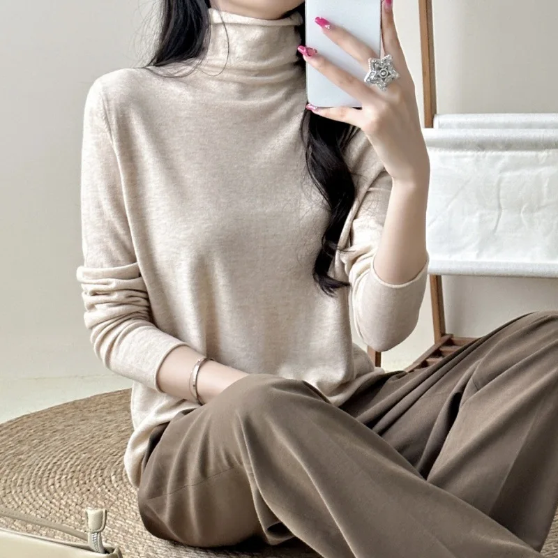 سترة قاعدة أنيقة من صوف الأغنام 100% من Birdtree، سترة نسائية للخريف بياقة عالية وأكمام طويلة للتنقل T58124JF