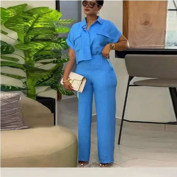 

2025 Summer New European Style Womens Casual Short Sleeve Shirt with Collar and Wide Leg Pants Fashion Two Piece Set Trendy