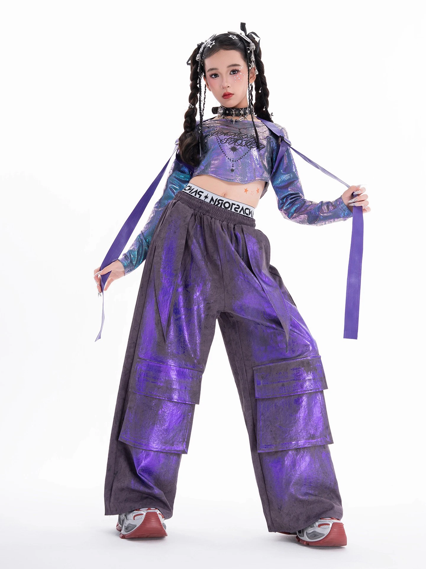 2025 lila Anzug Kpop Mädchen Gruppe Kleidung Jazz Dance Kostüm Kinder Hip Hop Kleidung Street Dance Team Bühne Kleidung Tragen DN22034