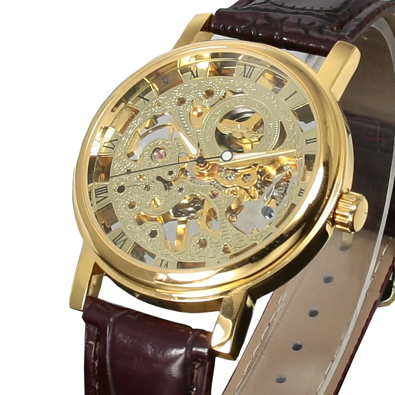 

Fashion Top Brand Winner Luxury Casual Leather Men Mechanical Watch Skeleton Hand Wind For Dress Wristwatch