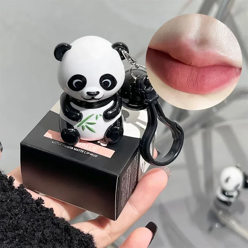 Bonito panda batom veludo fosco lábio-mud hidratante vermelho brilho labial esmalte sexy matiz labial maquiagem pequeno sino chaveiro cosméticos