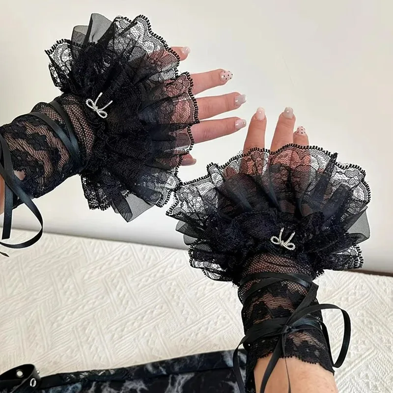 Lolita Lace Arm Sleeves Adjustable Strap Bow Design Multi Layer Ruffle Polyester JK Ballet Sweet Girl Style Costume Accessories image 4